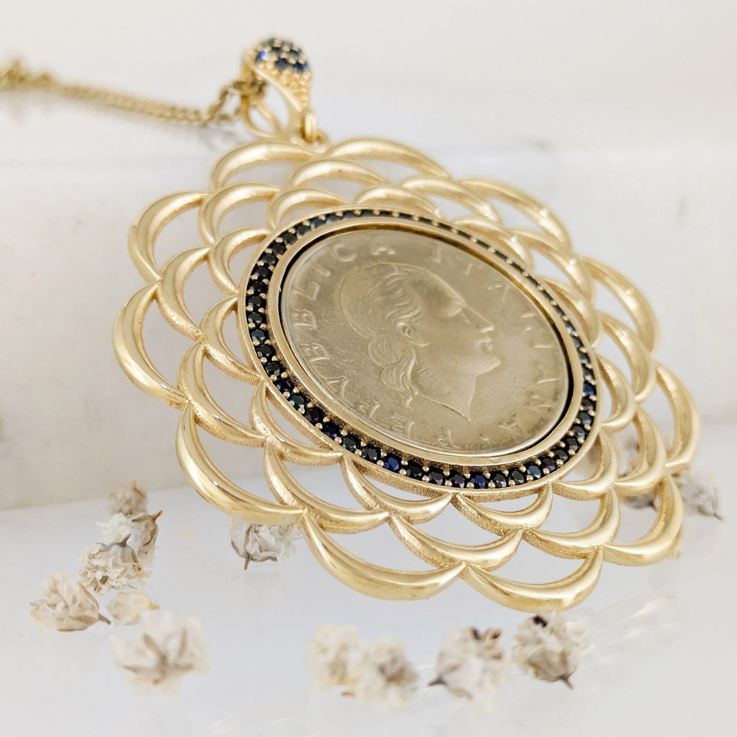 Black Spinel Halo Italian Coin Necklace Pendant – Handcrafted in Istanbul