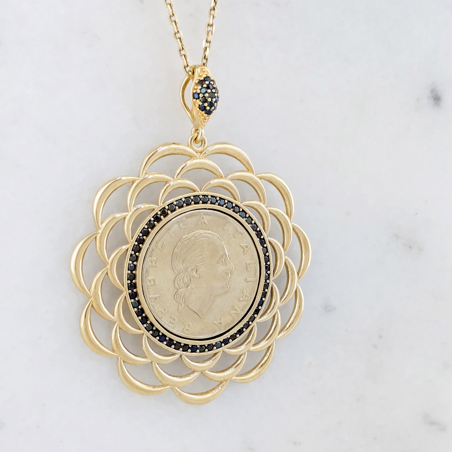 Black Spinel Halo Italian Coin Necklace Pendant – Handcrafted in Istanbul