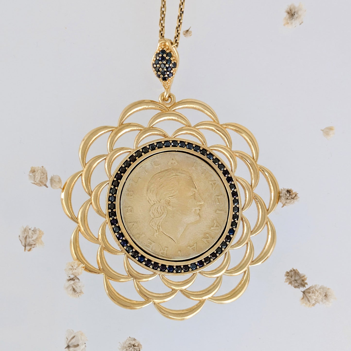 Black Spinel Halo Italian Coin Necklace Pendant – Handcrafted in Istanbul