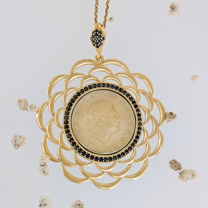 Black Spinel Halo Italian Coin Necklace Pendant – Handcrafted in Istanbul