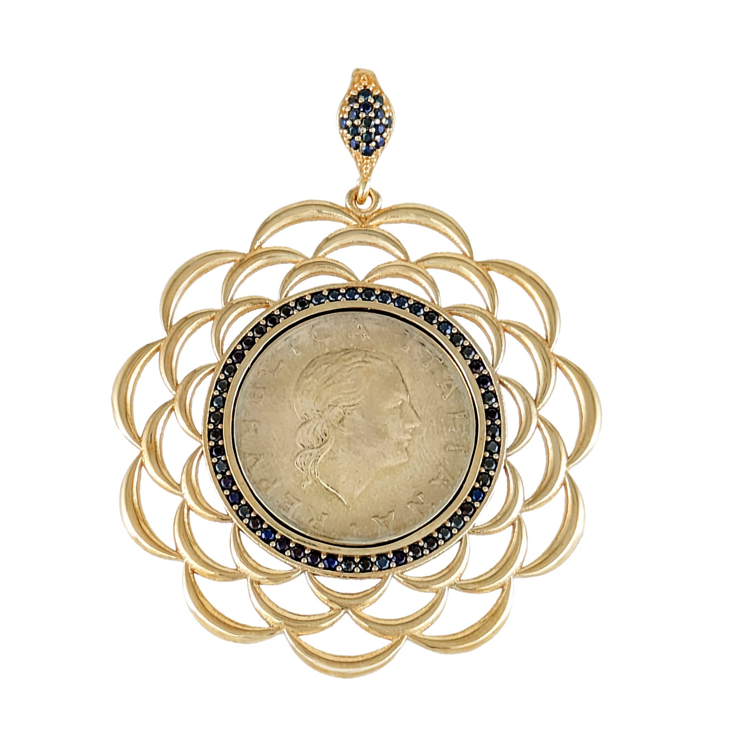 Black Spinel Halo Italian Coin Necklace Pendant – Handcrafted in Istanbul