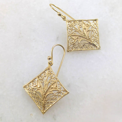 Filigree Diamond-Shaped Drop Earrings with Floral Scrollwork - TurkishBling
