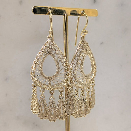 Gold Over Bronze Large Filigree Drop Dangle Earrings