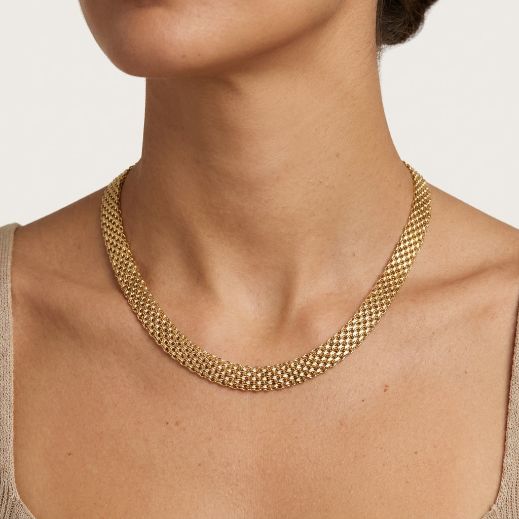 Wide Bismark Choker Necklace with Diamond-Cut Links and Cable End Caps – 16 In+2in. - 6 row