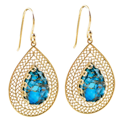 Teardrop Filigree Earrings with Blue Turquoise Inlay – Gold over Sterling Silver - TurkishBling