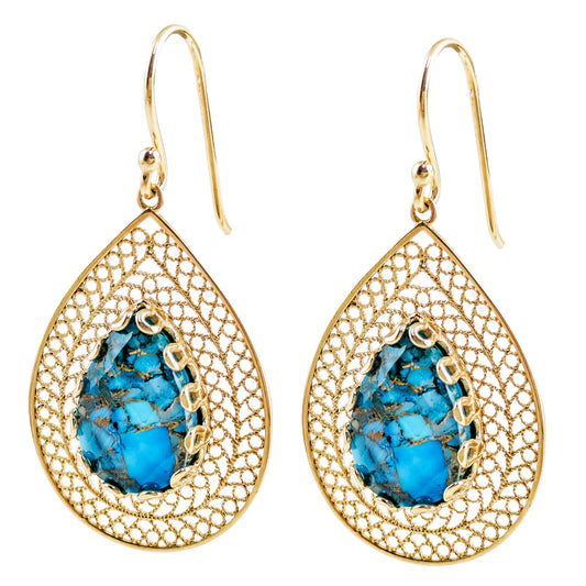 Teardrop Filigree Earrings with Blue Turquoise Inlay – Gold over Sterling Silver