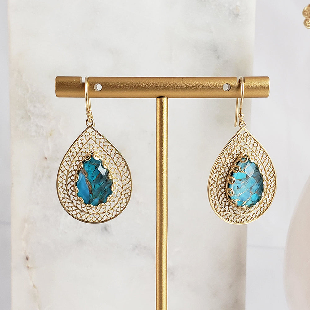 Gold over Silver Filigree Earring with Pear Turquoise Doublet