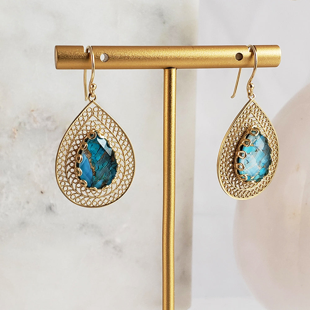 Gold over Silver Filigree Earring with Pear Turquoise Doublet