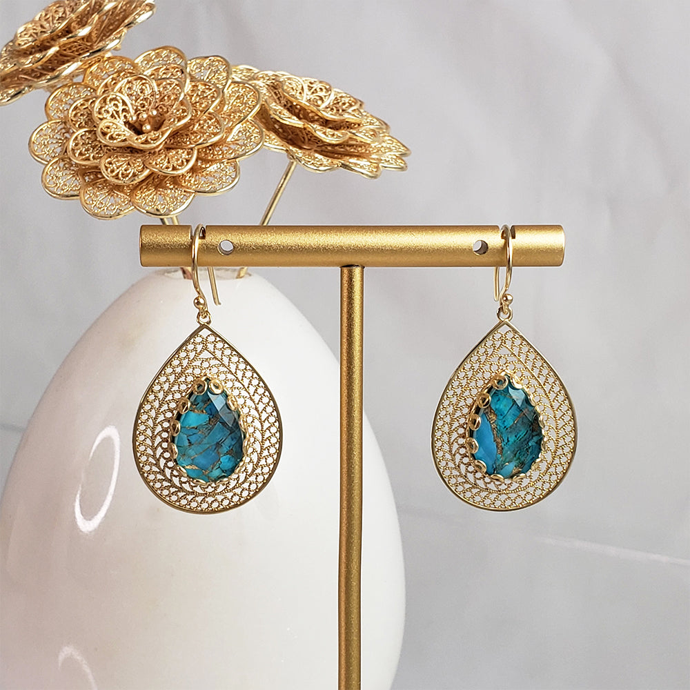 Gold over Silver Filigree Earring with Pear Turquoise Doublet