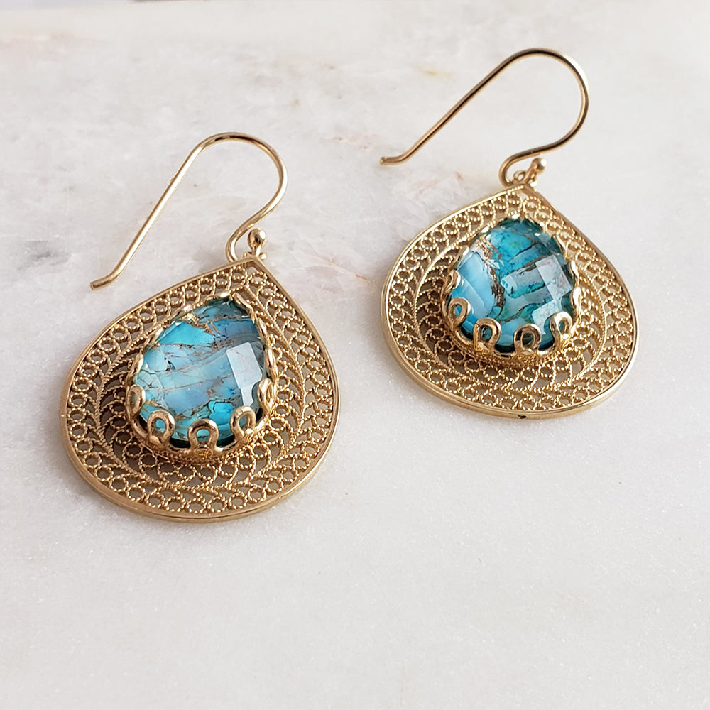 Gold over Silver Filigree Earring with Pear Turquoise Doublet