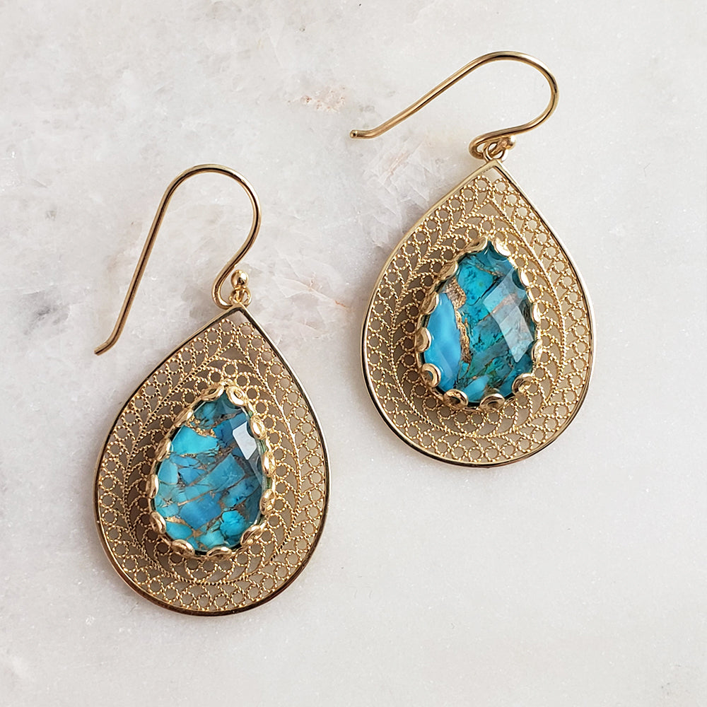 Gold over Silver Filigree Earring with Pear Turquoise Doublet