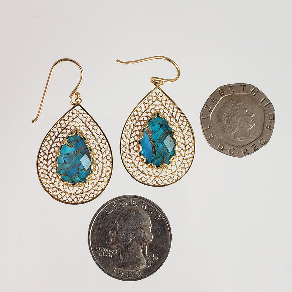 Gold over Silver Filigree Earring with Pear Turquoise Doublet