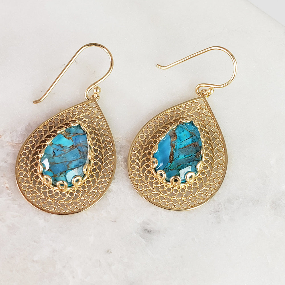 Gold over Silver Filigree Earring with Pear Turquoise Doublet