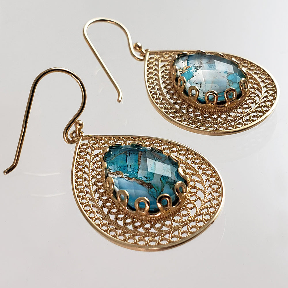 Gold over Silver Filigree Earring with Pear Turquoise Doublet