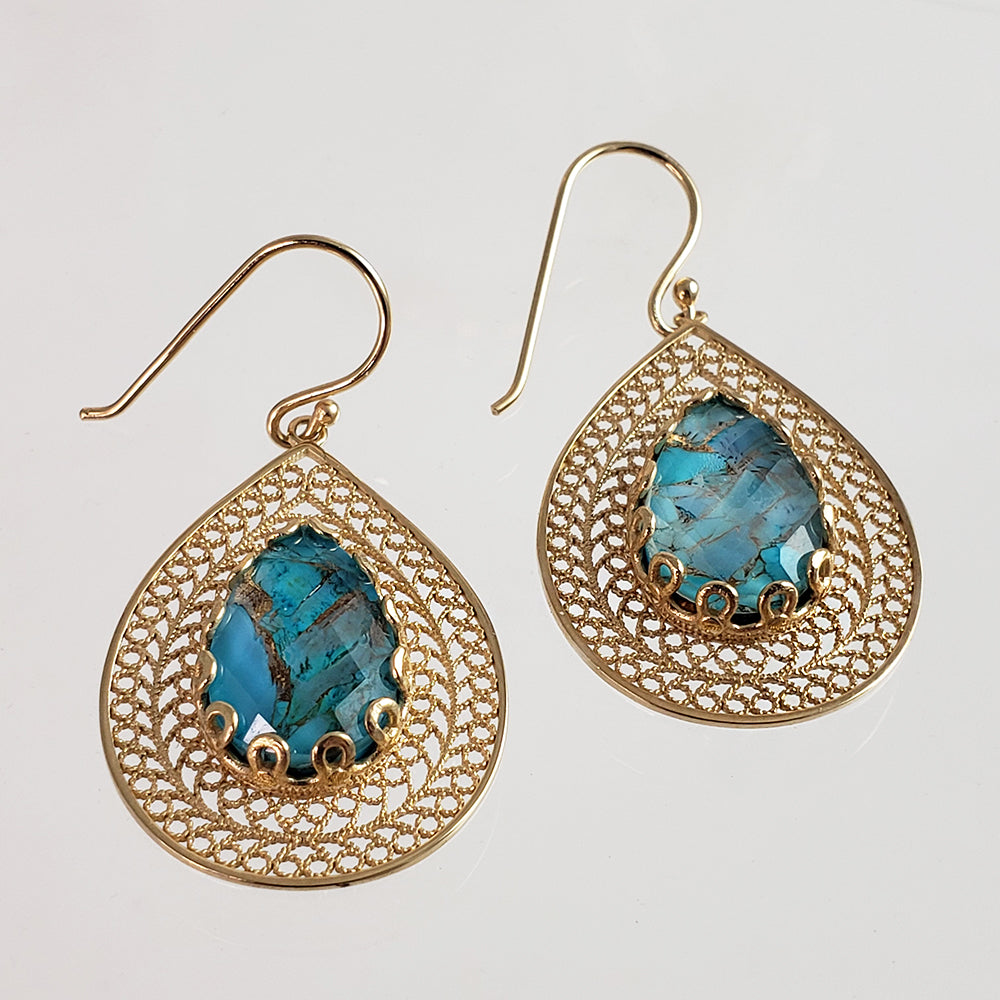 Gold over Silver Filigree Earring with Pear Turquoise Doublet