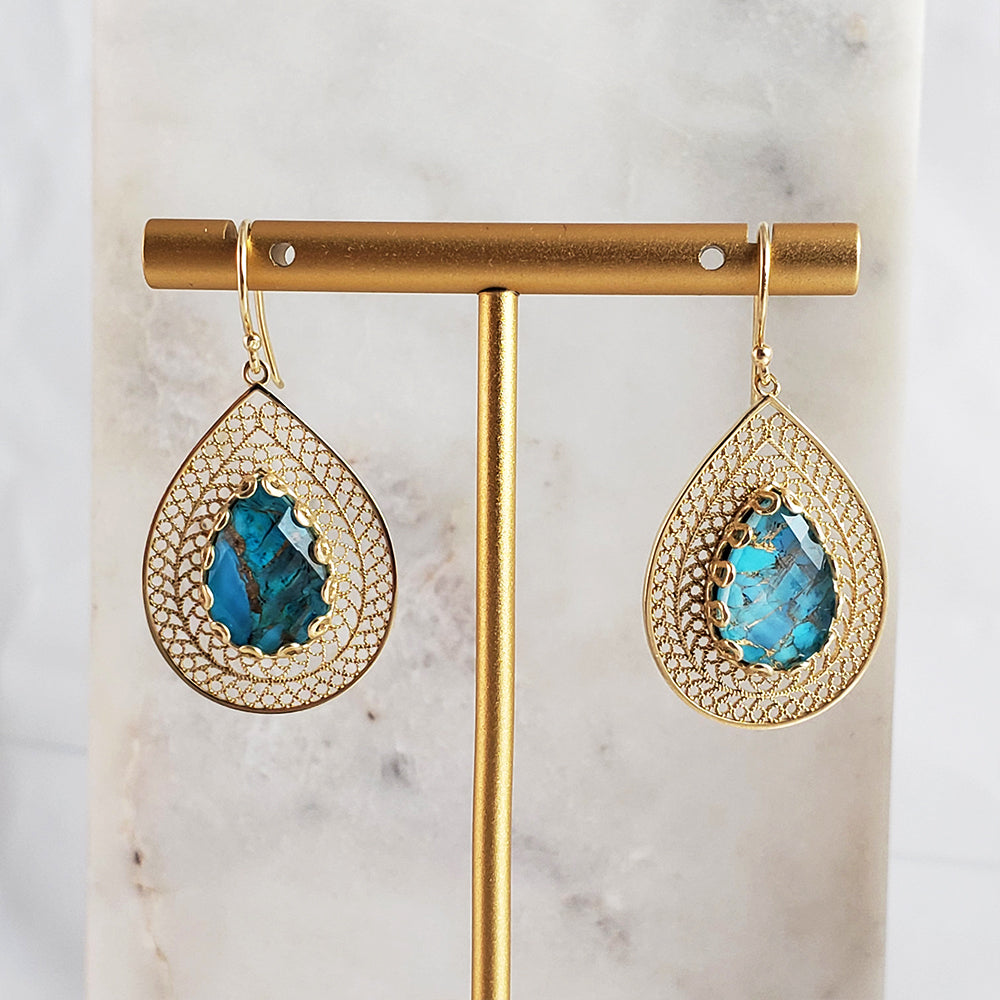 Gold over Silver Filigree Earring with Pear Turquoise Doublet