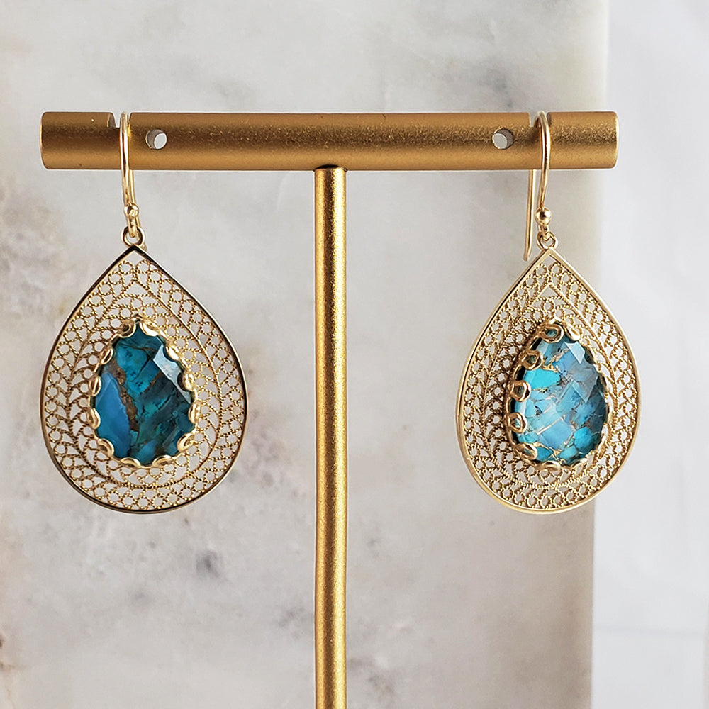 Gold over Silver Filigree Earring with Pear Turquoise Doublet