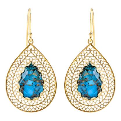 Teardrop Filigree Earrings with Blue Turquoise Inlay – Gold over Sterling Silver - TurkishBling