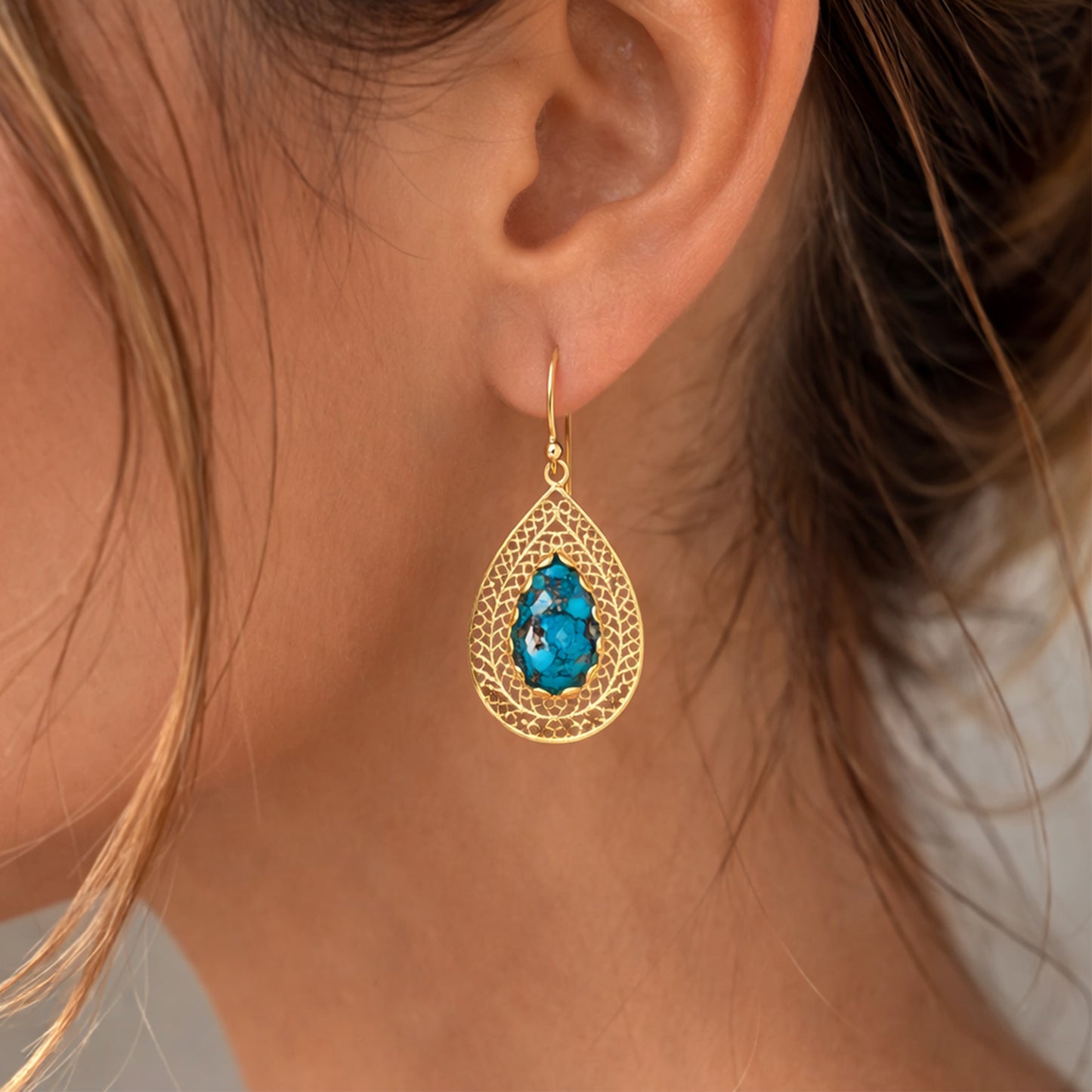 Teardrop Filigree Earrings with Blue Turquoise Inlay – Gold over Sterling Silver