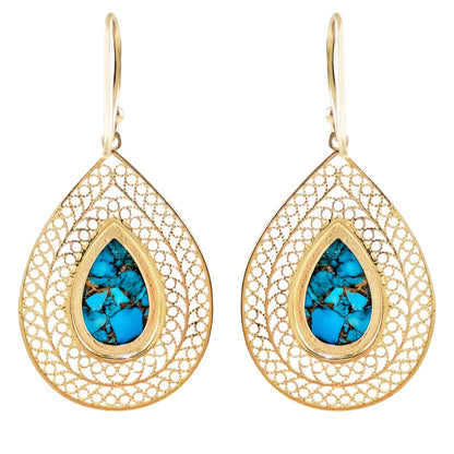 Teardrop Filigree Earrings with Blue Turquoise Inlay – Gold over Sterling Silver - TurkishBling