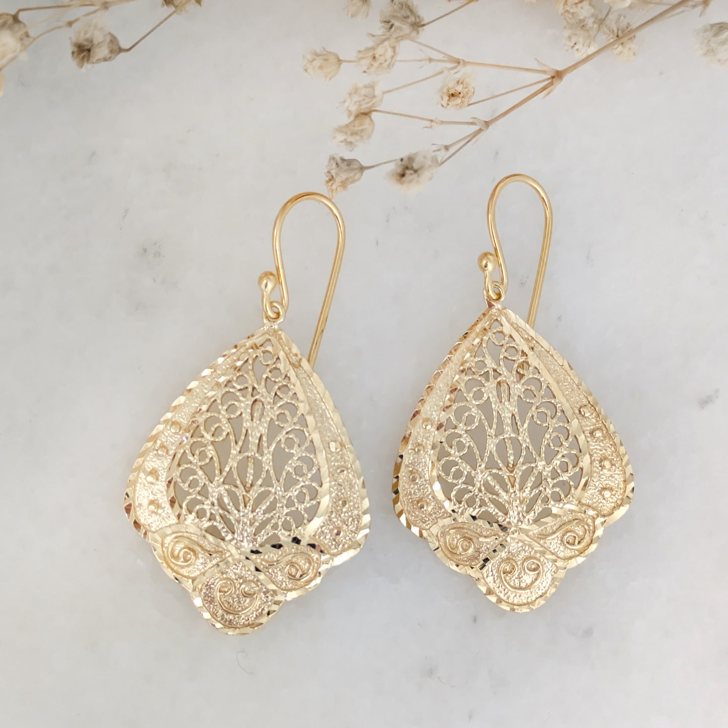 Open Filigree Teardrop Earrings with Scrollwork Detail