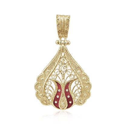 Ornate Red Enamel Gold Tone Filigree Pendant