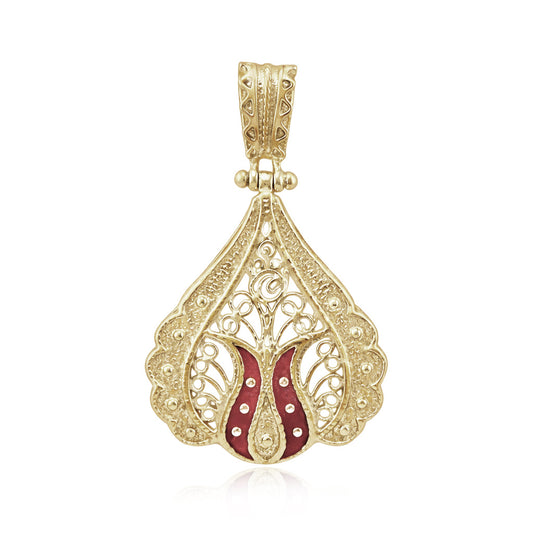 Ornate Red Enamel Gold Tone Filigree Pendant
