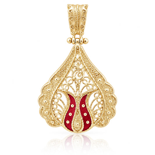 Ornate Red Enamel Gold Tone Filigree Pendant
