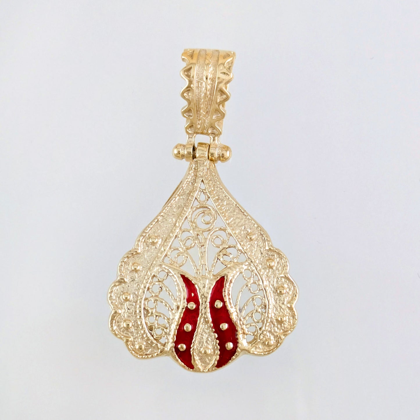 Ornate Red Enamel Gold Tone Filigree Pendant