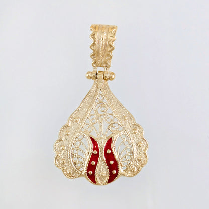 Ornate Red Enamel Gold Tone Filigree Pendant