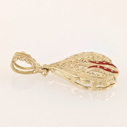 Ornate Red Enamel Gold Tone Filigree Pendant
