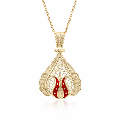 Ornate Red Enamel Gold Tone Filigree Pendant