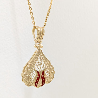 Ornate Red Enamel Gold Tone Filigree Pendant
