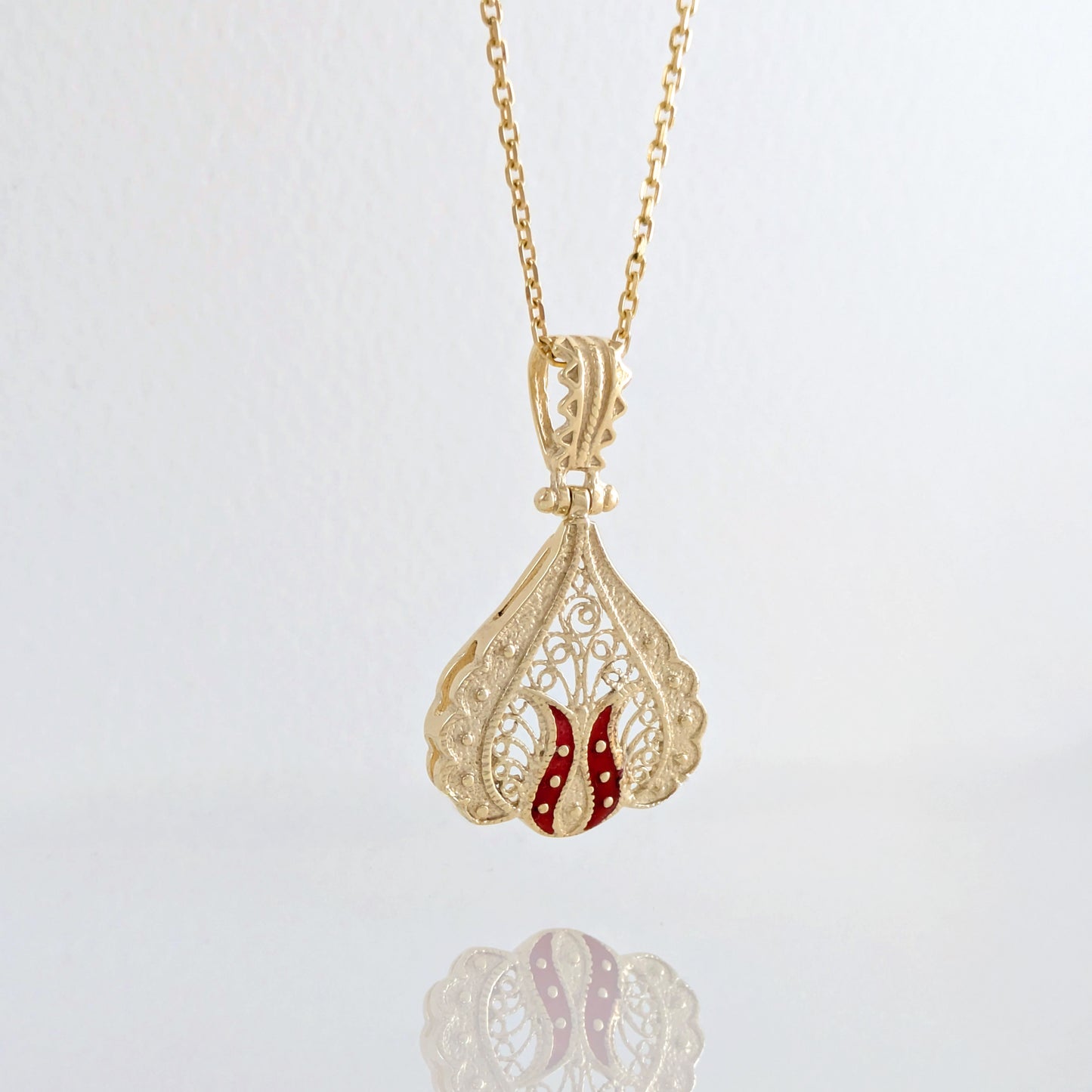 Ornate Red Enamel Gold Tone Filigree Pendant