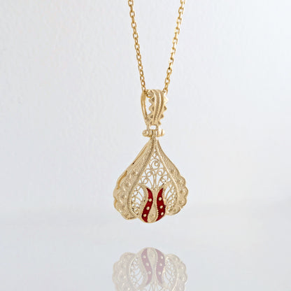 Ornate Red Enamel Gold Tone Filigree Pendant