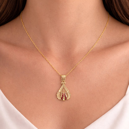 Ornate Red Enamel Gold Tone Filigree Pendant