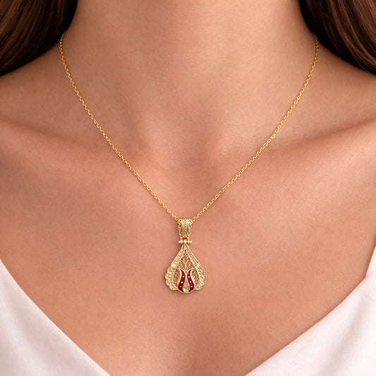 Ornate Red Enamel Gold Tone Filigree Pendant
