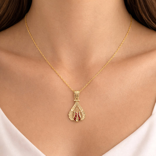 Ornate Red Enamel Gold Tone Filigree Pendant