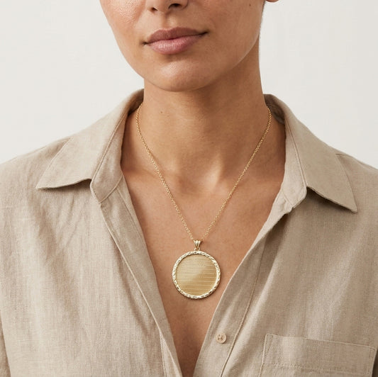 Gold Round Pendant Hammered Edge Disc Medallion Charm