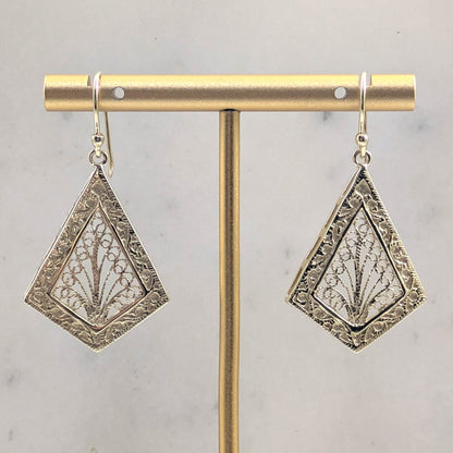 Diamond-Shaped Filigree Drop Earrings with Textured Border - TurkishBling