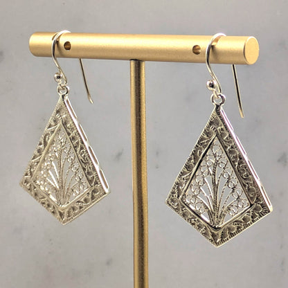 Diamond-Shaped Filigree Drop Earrings with Textured Border - TurkishBling