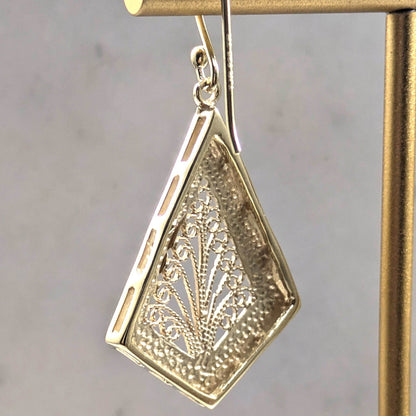Diamond-Shaped Filigree Drop Earrings with Textured Border - TurkishBling