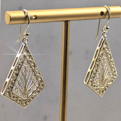 Diamond-Shaped Filigree Drop Earrings with Textured Border - TurkishBling