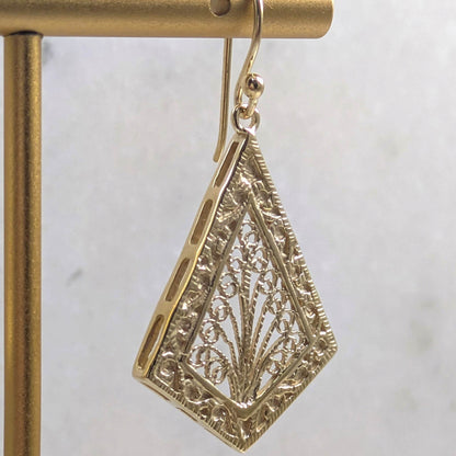Diamond-Shaped Filigree Drop Earrings with Textured Border - TurkishBling