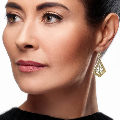 Diamond-Shaped Filigree Drop Earrings with Textured Border - TurkishBling