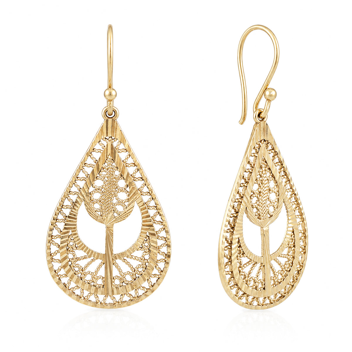 A pair of gold teardrop dangle earrings with intricate filigree cutouts and a central leaf motif, shown on a clean white background.