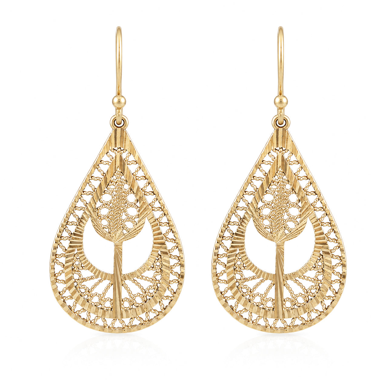 Ornate Teardrop Filigree Drop Earrings with Leaf-Inspired Openwork