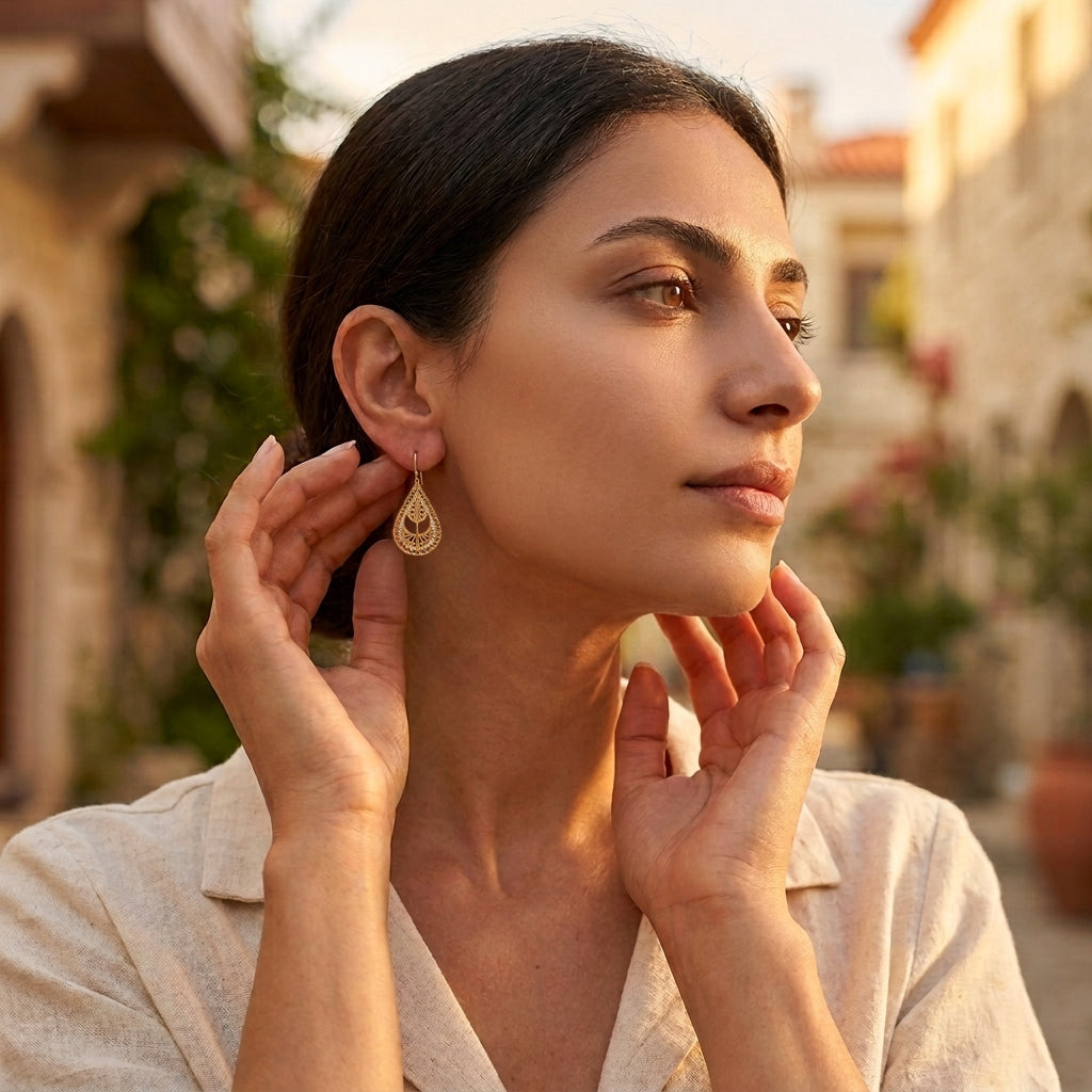 A woman wearing a delicate gold teardrop dangle earring, posing in a warm, sunlit outdoor setting with blurred stone buildings in the background.