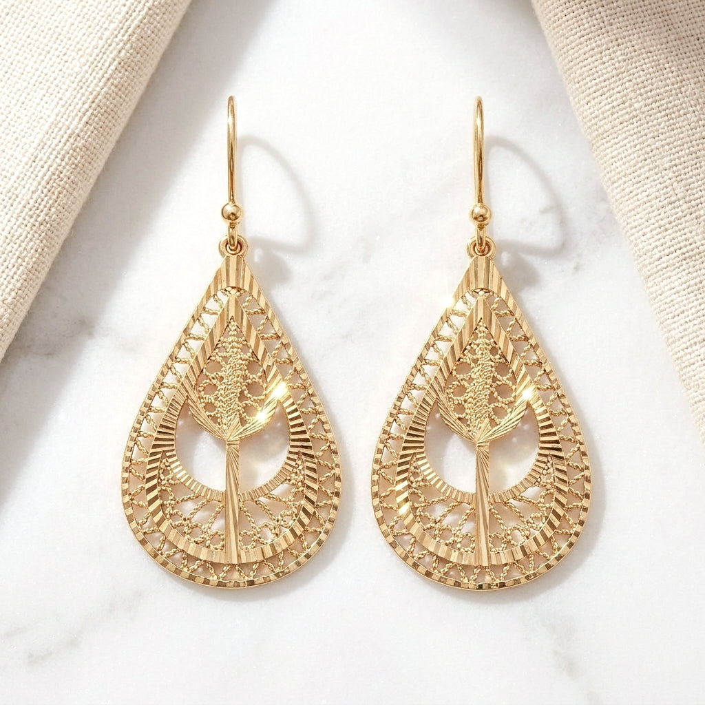 Ornate Teardrop Filigree Drop Earrings with Leaf-Inspired Openwork