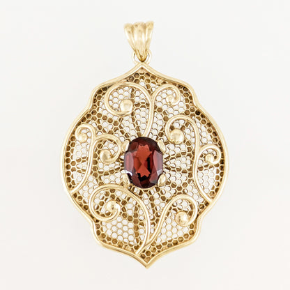 Natural Garnet Filigree Pendant with Ornate Scrollwork Design